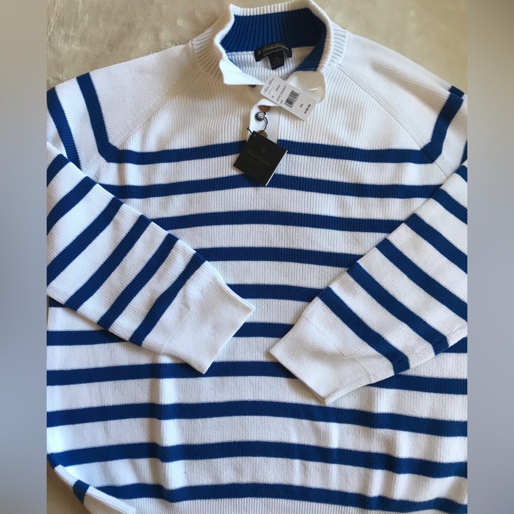 Brooks Brothers Greenwich Navy and White Knit Button Turtleneck Sweater